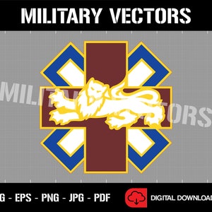 Op de afbeelding: Een digitale download van een vectorafbeelding met een kastanjebruin kruis met een witte leeuw en blauwe en witte ruitvormen. De afbeelding is omgeven door een grijs rasterpatroon. De tekst "MILITARY VECTORS" staat bovenaan de afbeelding en de tekst "SVG - EPS - PNG - JPG - PDF" staat onderaan de afbeelding.