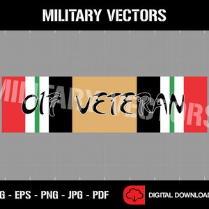 May include: A digital download of a vector graphic design of a military veteran ribbon with red, white, green, and black stripes. The ribbon has the text "Veteran" in black cursive lettering.
