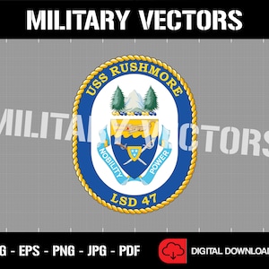 May include: A blue and gold circular emblem with the text "USS RUSHMORE" and "LSD 47". The emblem features a mountain range, two trees, a yellow banner with a stylized animal, and two crossed swords.