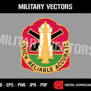 May include: A red, green and gold military unit insignia with a missile and crossed cannons. The text "Quick Reliable Accurate" is written around the outside of the insignia.