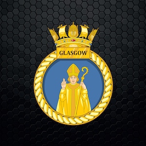May include: A gold and blue crest with a rope border and a bishop holding a staff. The crest has the word "GLASGOW" written on it.