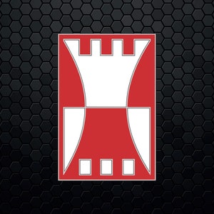 May include: A red and white castle-shaped logo with a white tower and three white windows at the base. The logo is set against a black honeycomb background.