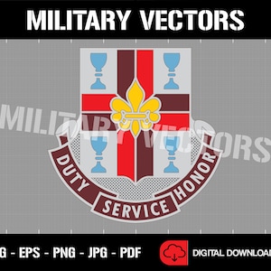Op de afbeelding: Een digitale download van een vectorafbeelding van een militair eenheidsembleem. Het embleem toont een schild met een rode en kastanjebruine achtergrond, een gouden fleur-de-lis en blauwe kelken. Het schild wordt omringd door een rol met de woorden "Plicht, Dienst, Eer".