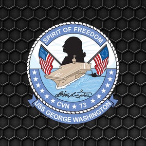 May include: A blue and white circular emblem with the text "Spirit of Freedom" and "USS George Washington CVN 73" around the edge. The emblem features a silhouette of George Washington, an aircraft carrier, and two American flags.