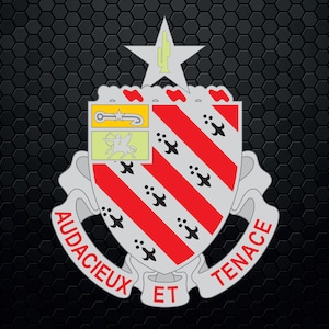 Puede incluir: Un escudo de armas plateado y rojo con una estrella y un cactus en la parte superior. El escudo tiene rayas rojas y blancas con flores de lis negras y un pequeño escudo amarillo con un caballo blanco y un jinete. El texto "AUDACIEUX ET TENACE" está escrito en un rollo alrededor del escudo.