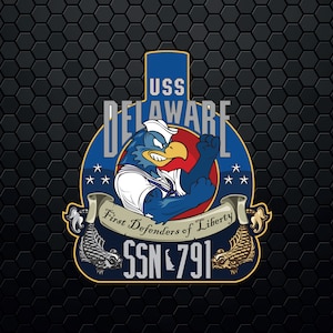 May include: A blue and white emblem with a cartoon eagle wearing a sailor hat and a white shirt. The eagle is flexing its bicep. The text "USS DELAWARE" is above the eagle. The text "First Defenders of Liberty" is below the eagle. The text "SSN 791" is below the text "First Defenders of Liberty".