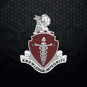 May include: A red shield with a white unicorn and a caduceus with a torch on top. The shield is surrounded by a white scroll with the text "Knowledge-Integrity".
