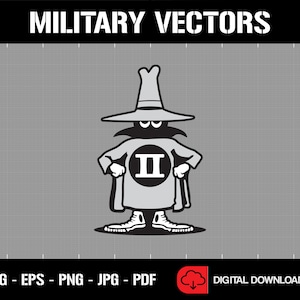 Könnte beinhalten: Schwarz-weiß-Illustration eines Comic-Charakters, der einen Hut und einen Umhang trägt, mit der Nummer "II" auf einem Kreis auf der Brust. Der Charakter steht mit verschränkten Armen und einem ernsten Gesichtsausdruck.