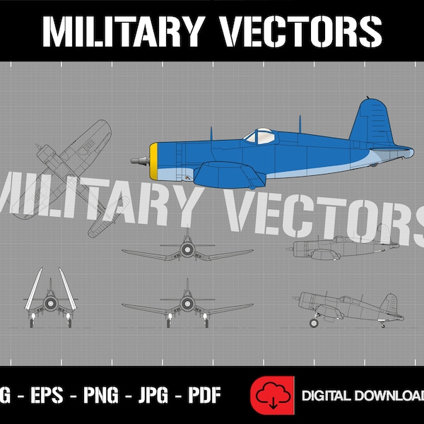 Vought F4U Corsair WW2 Fighter Aircraft Outline Blueprint Diagram - Logo Decal Emblem Crest Insignia - Digital SVG Vector Drawing File