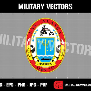May include: A red, white, and blue seal with the words "USS ALASKA" and "SSBN 732" around the perimeter. The seal also includes a trident, a whale, and the words "ALERT", "ABLE", and "CONFIDENT".