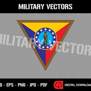 May include: A brown triangle with a yellow, blue, and red design. The center of the triangle features a white circle with a star and a figure holding a rifle. The circle is surrounded by 13 white stars. The text "MILITARY VECTORS" is at the top of the image.