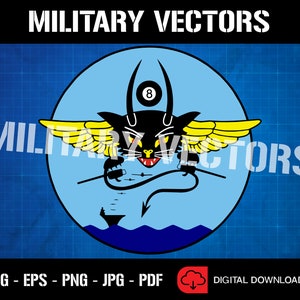May include: A blue and yellow military squadron insignia with a black cat with wings and a tail that forms a spear. The cat has a red mouth and eyes. The number 8 is in a circle on the cat's head. The insignia is on a blue grid background.