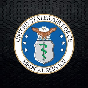 May include: A white and blue seal with the words "United States Air Force Medical Service" around the edge. A caduceus with a snake wrapped around it is in the center of the seal, and a bald eagle with wings spread is above it.
