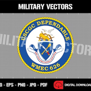 Könnte beinhalten: Ein blaues und gelbes kreisförmiges Emblem mit dem Text "USCGC DEPENDABLE WMEC 626" und einer Darstellung einer Kanone, einer Möwe und gekreuzter Schwerter.