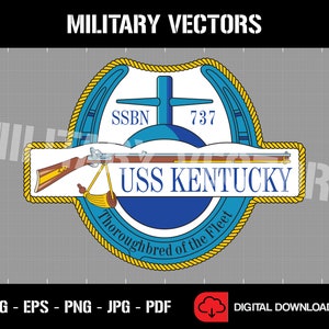 May include: A blue and gold military emblem with a crossed anchor and a rifle. The text "SSBN 737 USS KENTUCKY Thoroughbred of the Fleet" is written on the emblem.