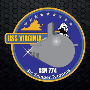 May include: A patch featuring the USS Virginia submarine. The design includes a gray submarine, the words "USS VIRGINIA" in yellow, and the text "SSN 774 Sic Semper Tyrannis" on a blue and gold background, with a black honeycomb pattern.