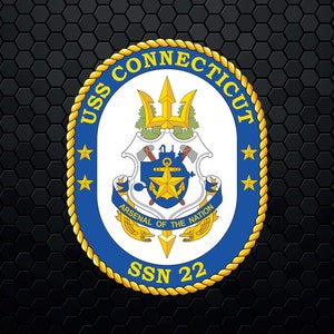 May include: A gold and blue circular emblem with the text "USS CONNECTICUT SSN 22" and a crest featuring a trident, a star, and the words "ARSENAL OF THE NATION".