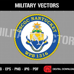 Puede incluir: Un emblema circular amarillo y azul con el texto "USCGC NANTUCKET" y "WPB 1316". El emblema presenta un escudo con un delfín y una estrella náutica.