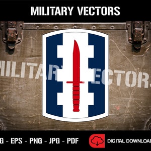May include: A digital download of a military vector graphic featuring a blue and white shield with a red knife. The shield has a white cross with a red knife in the center. The text "MILITARY VECTORS" is at the top of the image.
