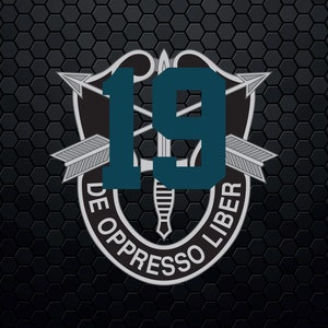 Puede incluir: Un parche militar plateado y negro con el texto "DE OPPRESSO LIBER" y el número "19" en azul turquesa.