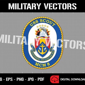May include: A digital download graphic of the USS Scout emblem. The emblem is a blue and gold circular design with an eagle, anchor, and the text "PATHFINDERS - WE LEAD THE WAY". The image also includes the text "MILITARY VECTORS".