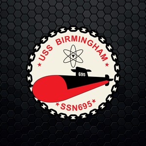 May include: A white and red circular emblem with a black chain border. The emblem features the text "USS BIRMINGHAM" and "SSN695" with a black silhouette of a submarine and an atomic symbol.