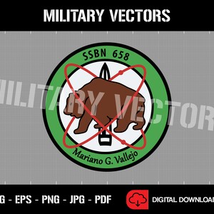 May include: A green circle with a white center and a red outline. Inside the circle is a brown bear with a red spear and the text "SSBN 658 Mariano G. Vallejo".