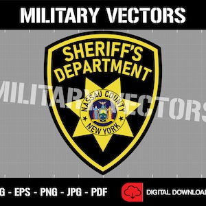 May include: A black and yellow sheriff's department badge with a five-pointed star and the words "Sheriff's Department" and "Nassau County, New York".