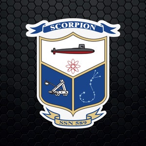 May include: A white shield with a blue and gold border, featuring a submarine, an atom symbol, a catapult, and a constellation. The shield is topped with a blue ribbon with the word "SCORPION" in white letters. Below the shield is a white ribbon with the text "SSN 589".