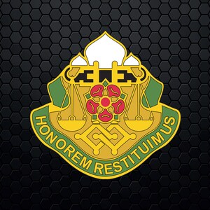 May include: A yellow and green military crest with a white dome, a red rose, and scales. The text "HONOREM RESTITUIMUS" is written around the crest.