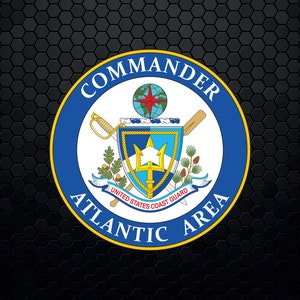May include: A blue and gold seal with the words "Commander Atlantic Area" and "United States Coast Guard" around a crest featuring a trident, a star, and a globe.