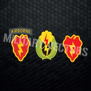 May include: Three military patches with the words "Airborne" on the top patch. The patches are red, yellow, and green with a lightning bolt design.