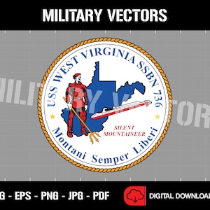 May include: A gold and white circular emblem with a rope border. The emblem features a red figure holding a trident, a blue outline of the state of West Virginia, and a submarine. The text "USS West Virginia SSBN 736" is written around the emblem. The text "Montani Semper Liberi" is written below the emblem. The text "Silent Mountaineer" is written above the submarine.