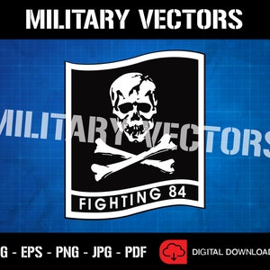 Peut inclure: Graphique vectoriel noir et blanc d'un crâne et d'os croisés avec le texte "Fighting 84" sur une bannière blanche. Le graphique est sur un fond bleu avec un motif de grille.