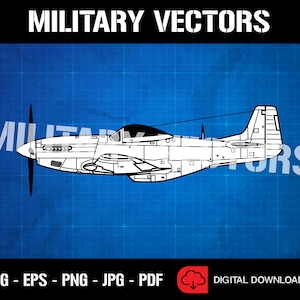 Puede incluir: Un dibujo en blanco y negro de un avión militar, un P-51 Mustang, sobre un fondo de cuadrícula azul. La imagen está etiquetada como "MILITARY VECTORS" en la parte superior y "SVG - EPS - PNG - JPG - PDF" en la parte inferior.