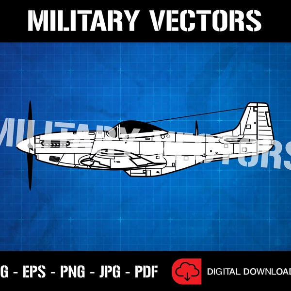 P-51D Mustang Kampfflugzeug WW2 Warbird Outline Blueprint Diagramm - Logo Decal Emblem Wappen Insignia - Digital SVG Vektor Drawing File
