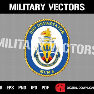 May include: A digital graphic of the USS Devastator emblem, a navy blue and gold circular design with a trident and dragon. The text "MILITARY VECTORS" and file type options are displayed.