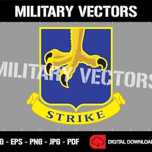 May include: A blue and yellow military unit patch with a yellow eagle claw and the word "STRIKE" on a yellow banner.