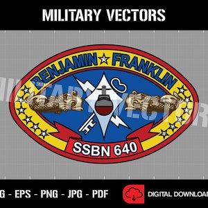 May include: A blue and yellow oval patch with the text "Benjamin Franklin" and "SSBN 640" in white. The patch features a submarine, two seahorses, and a lightning bolt.