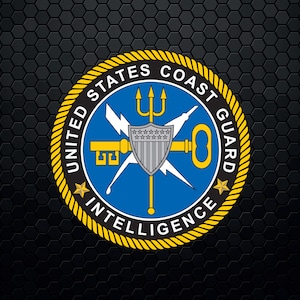 May include: A yellow and blue circular seal with the words "United States Coast Guard Intelligence" around the edge. The seal features a key, lightning bolts, a trident, and a shield with stars.
