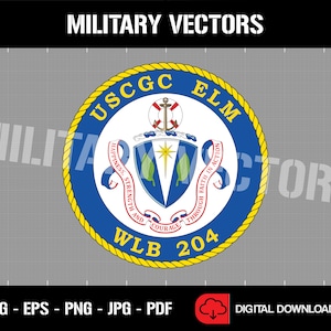 May include: A yellow and blue circular seal with the text "USCGC ELM WLB 204" and the words "Happiness, Strength and Courage Through Faith in Action".