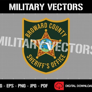 May include: A green and gold shield with the words "Broward County Sheriff's Office" and a five-pointed star with the state of Florida inside.