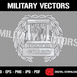 Könnte beinhalten: Eine Schwarzweiß-Vektorillustration eines militärischen Ehrenwache-Emblems. Das Emblem zeigt drei Figuren, die vor einem Gebäude mit einem Kranz aus Blättern stehen. Der Text "HONOR GUARD" ist auf einem Banner unter den Figuren geschrieben.