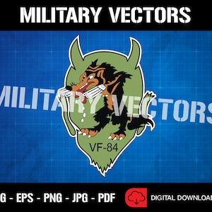 May include: A green, red, and black military insignia with a wolf biting a gun and the text "VF-84".