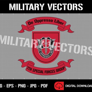 May include: A red and black military patch with the text "De Oppresso Liber" and "7th Special Forces Group".