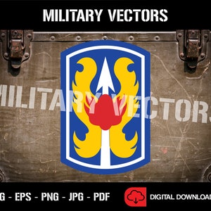 May include: A blue and yellow military unit patch with a red spearhead and flames. The patch is on a brown metal background. The text "MILITARY VECTORS" is at the top of the image.