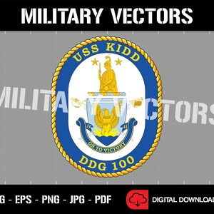 May include: A gold and blue circular emblem with a rope border. The emblem features the text "USS KIDD" and "DDG 100" along with a stylized eagle and the words "ON TO VICTORY".