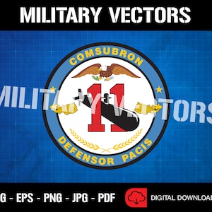 May include: A blue and white circle with the text "COMSUBRON" and "DEFENSOR PACIS" around the edge. The number "11" is in the center with a black submarine and a bald eagle above it.