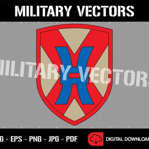 May include: A red, blue, and tan military unit insignia with a large blue "X" in the center. The insignia is in the shape of a shield with a pointed bottom. The text "MILITARY VECTORS" is at the top of the image.