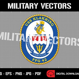 May include: A blue and gold circular emblem with the text "USS KLAKRING" and "FFG 42" surrounded by a rope design. The emblem also features a crest with a trident, a fish, and the words "Freedom Through Vigilance".